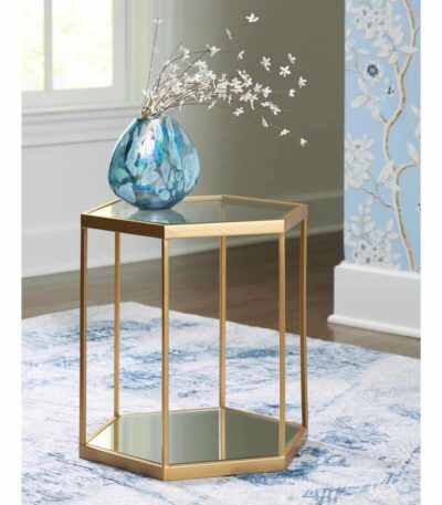 Hexagonal gold-finished accent table with clear glass top and mirrored lower shelf