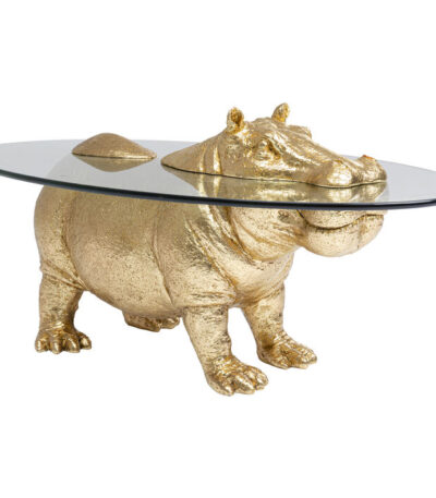 Gold hippo sculptural coffee table with oval glass top