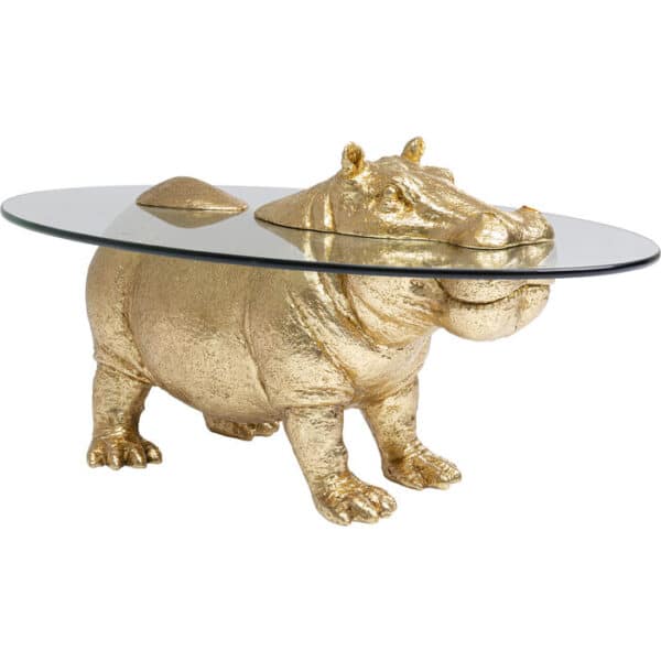 Gold hippo sculptural coffee table with oval glass top