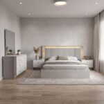 King bed with Charcoal Grey fabric headboard and Light Grey wood-grain frame