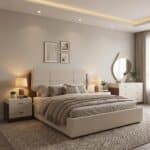 King bed with ivory boucle channel-tufted headboard and Dark Walnut wood frame — view 2