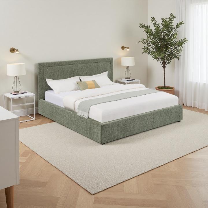 Sage green fabric King storage bed with panel headboard and gas-lift base
