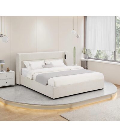 Warm Beige upholstered king bed with wingback headboard and slatted base