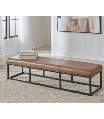 Cognac tan leather accent bench with black metal frame and tri-panel seat