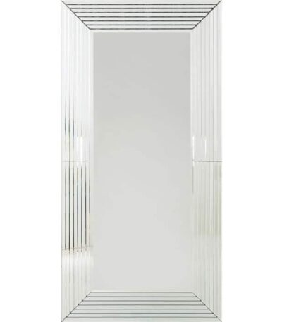 Large rectangular wall mirror with faceted mirrored glass frame and black edge trim
