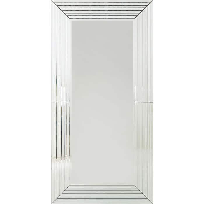 Large rectangular wall mirror with faceted mirrored glass frame and black edge trim
