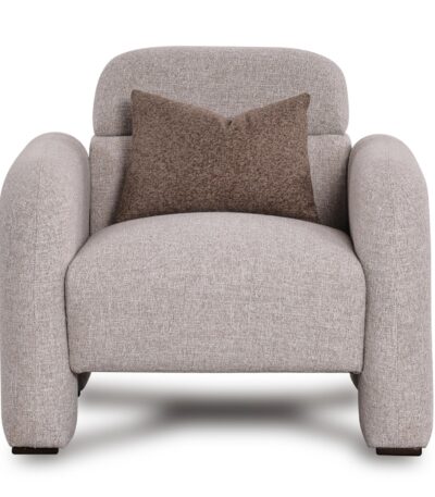 Warm greige textured fabric sofa chair with rounded arms and brown lumbar cushion — view 2