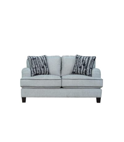 Ash grey fabric loveseat with rolled arms and patterned scatter cushions