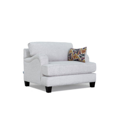 Warm ivory textured fabric sofa chair with rolled arms and geometric scatter cushion