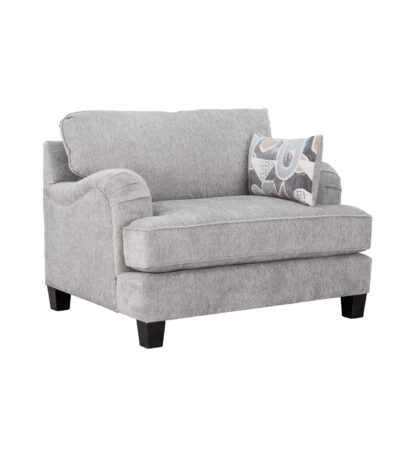 Warm grey chenille oversized sofa chair with sloped arms and patterned scatter cushion