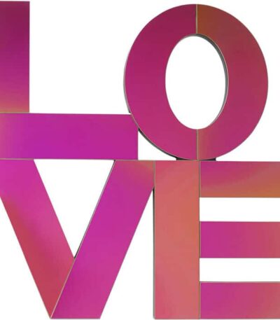 Iridescent glass LOVE wall decor in pink and amber tones, 90x90cm typographic wall art