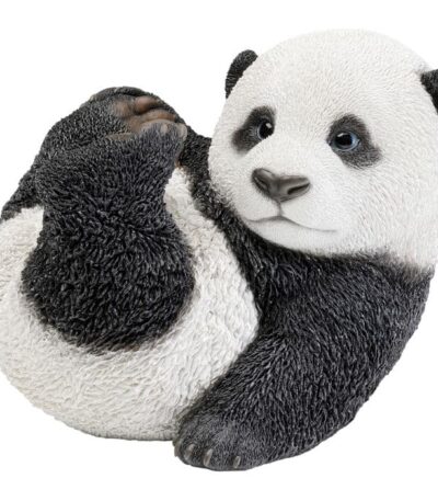 Black and white resin panda cub figurine lying on its back with textured fur detail