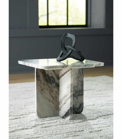 Square marble accent table with crossed panel base in grey and white veining