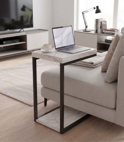 White marble-look C-shaped side table with black metal frame and lower shelf