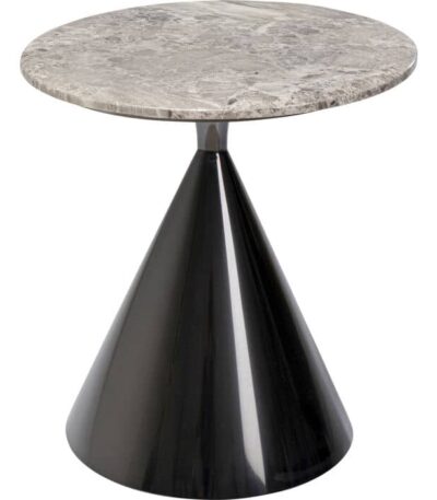 Round grey marble side table with black steel cone base