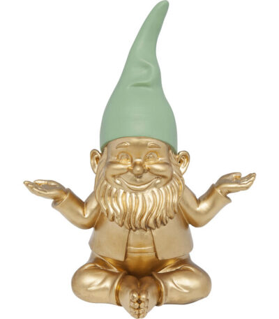 Gold resin meditating gnome figurine with sage green pointed cap