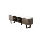 White marble-look TV stand with grey cabinets, open shelving, and black metal legs