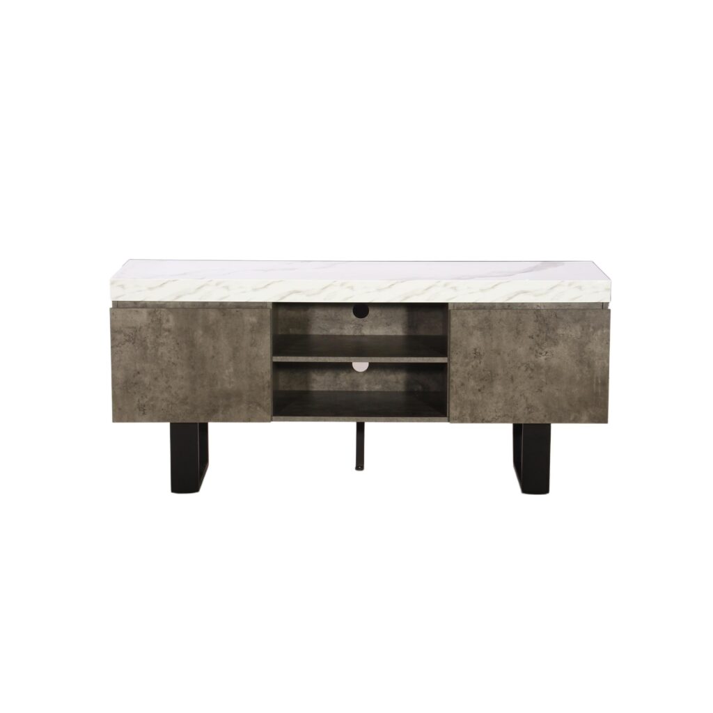 White marble-look TV stand with charcoal stone-look cabinets and black metal legs