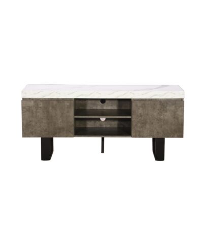White marble-look TV stand with charcoal stone-look cabinets and black metal legs