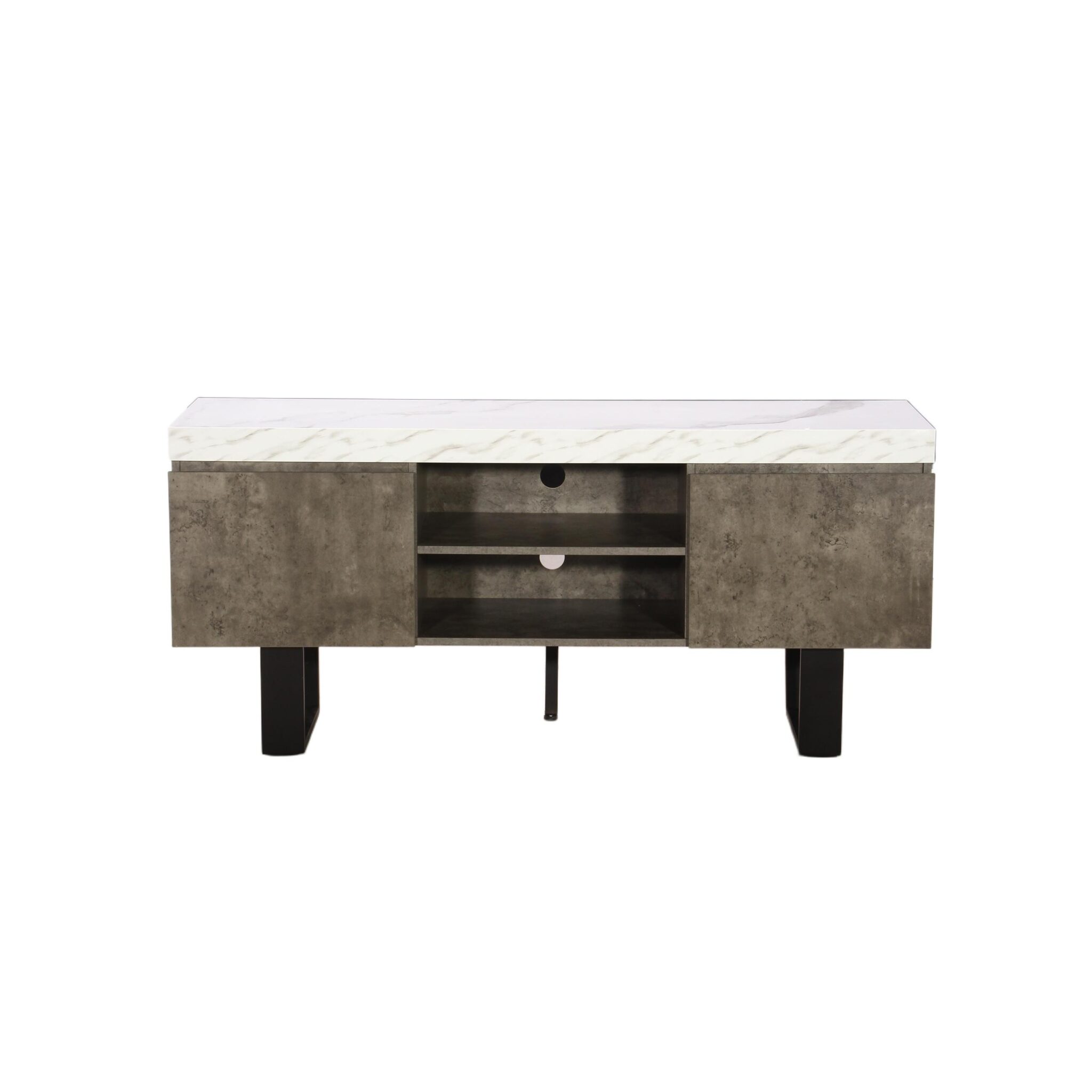 06-30-00142-4.jpg White marble-look TV stand with charcoal stone-look cabinets and black metal legs