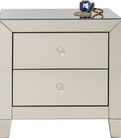Champagne silver mirrored glass nightstand with 2 drawers and crystal-look knobs