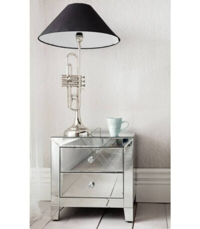 Silver mirrored glass nightstand with two drawers and crystal knobs