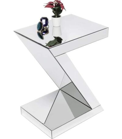 Silver mirrored glass side table with sculptural Z-shaped design