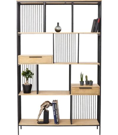Black metal and wood-tone display cabinet with open wire-frame shelving and two drawers