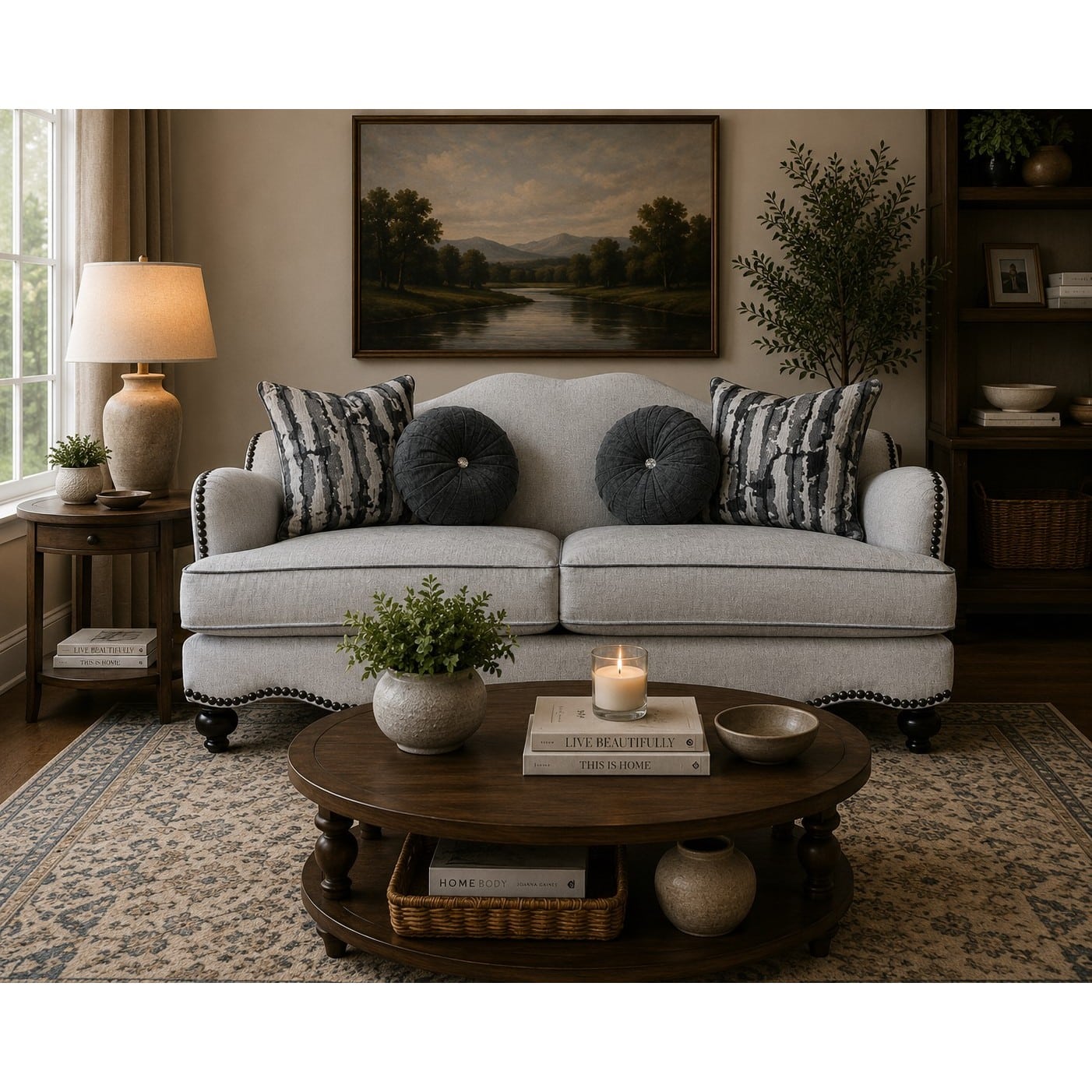 59-30-00044-3.jpg Dove Grey fabric loveseat with nailhead trim and camelback back design