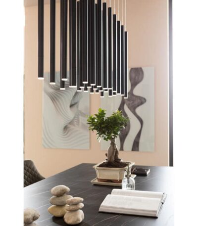 Matte black metal multi-drop cylinder pendant lamp with staggered hanging tubes — view 2