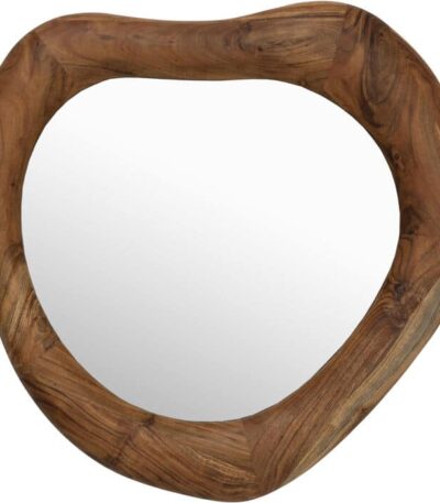 Organic-shaped wall mirror with solid acacia wood frame in natural finish