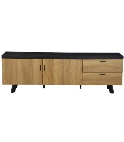Warm Oak wood-look TV stand with Charcoal Black top two cabinet doors and two drawers