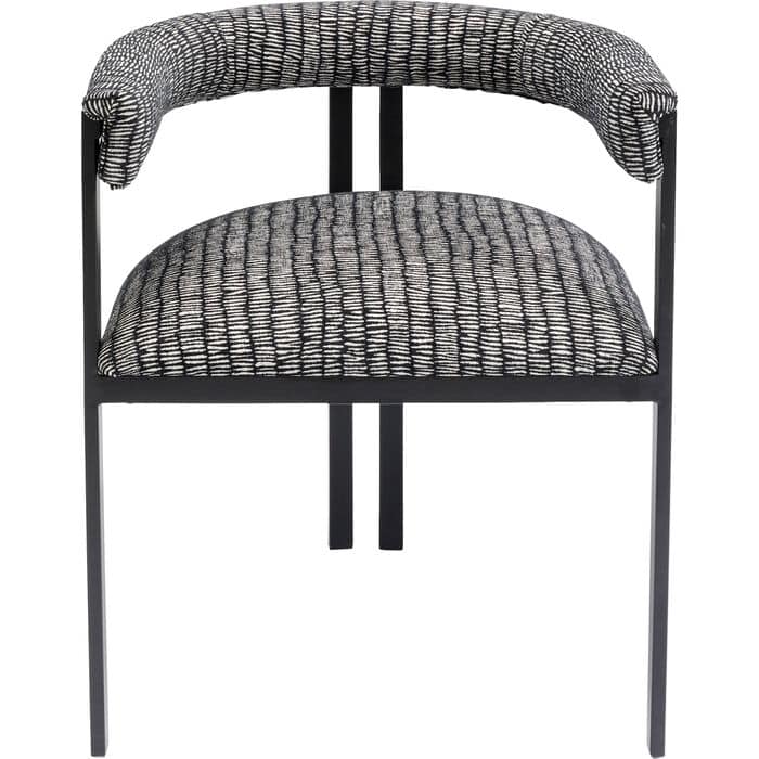 Black and white patterned fabric dining chair with rolled back and black steel frame