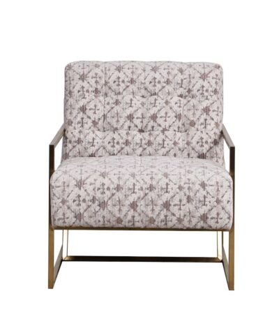 Warm Oatmeal patterned fabric sofa chair with brass-finished open frame