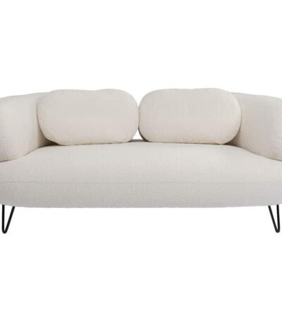 Warm ivory boucle 2-seater loveseat with rounded back and black hairpin legs