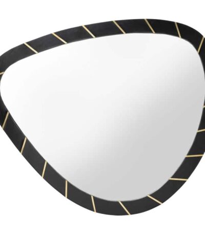Black wood wall mirror with irregular shape and gold inlay stripes