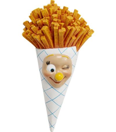 Hand-painted polyresin french fries wall ornament with winking cartoon face