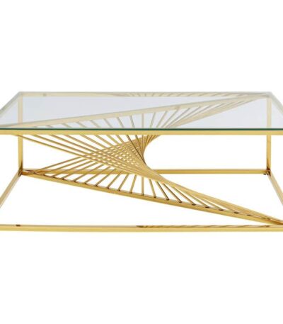 Gold steel coffee table with spiral base design and clear glass top
