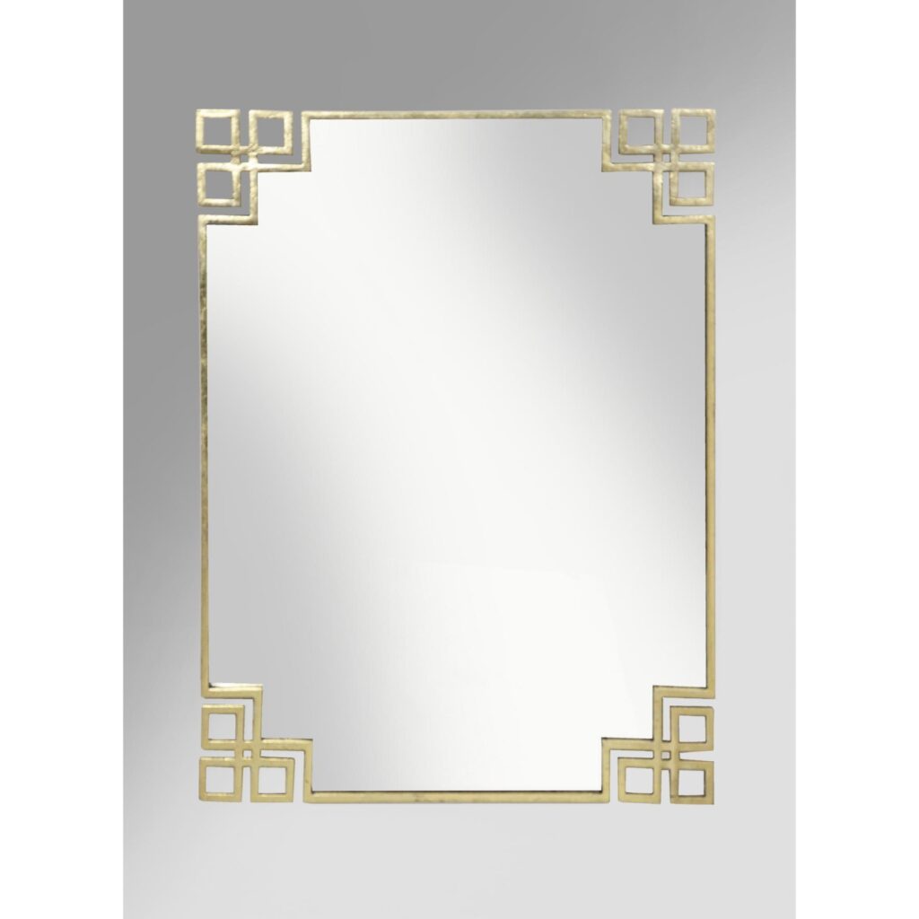 Rectangular gold metal wall mirror with fretwork corner detail