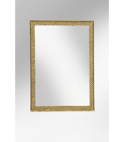 Rectangular gold-finish wall mirror with textured lattice frame