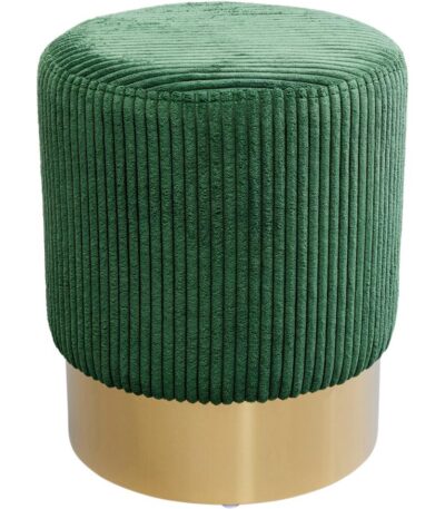 Dark green ribbed corduroy cylindrical stool with brass-tone base