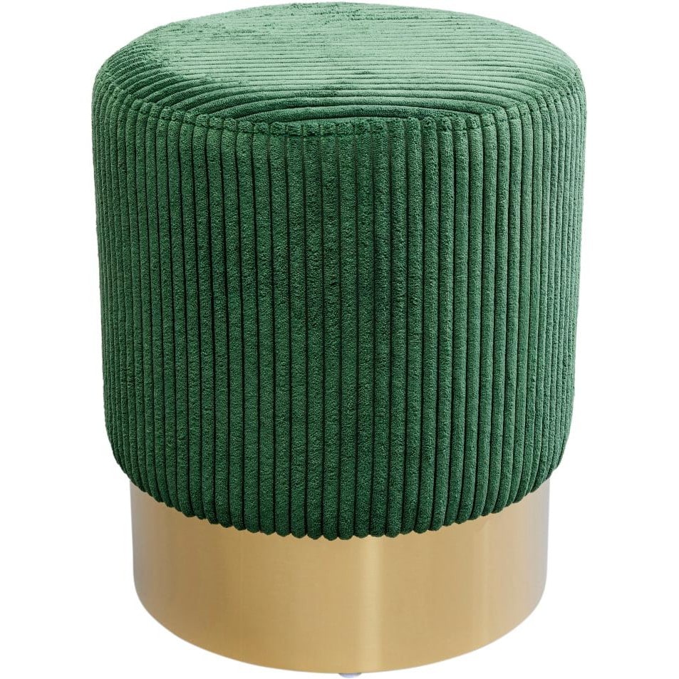 Dark green ribbed corduroy cylindrical stool with brass-tone base