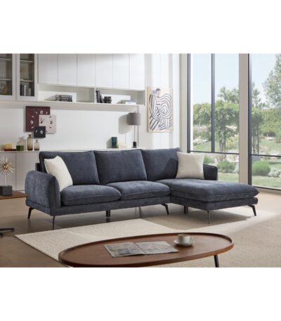 Slate Blue fabric RAF chaise sofa with tapered metal legs and ivory scatter cushions