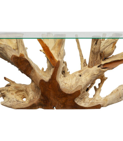 Console table with sculptural natural teak root base and clear glass top