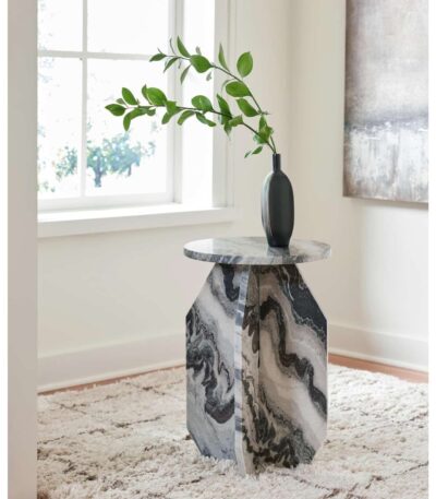 Round Charcoal Grey marble-look accent table with faceted pedestal base