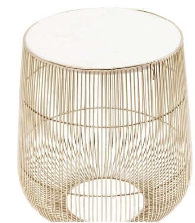 Round white marble side table with brass wire drum base