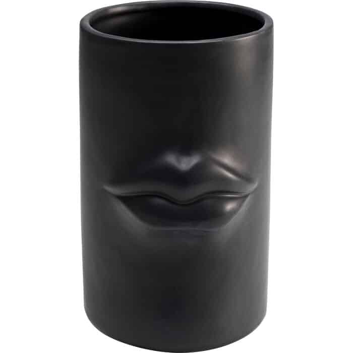 Matte black ceramic vase with sculptural lip motif on cylindrical body