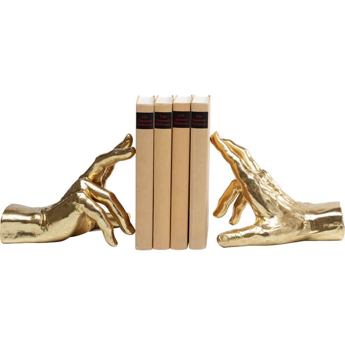 Set of two gold polyresin hand-shaped bookends holding books