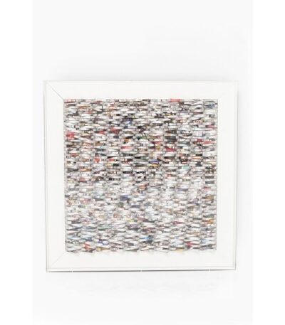 Square sculptural wall art panel with rolled paper texture in white frame