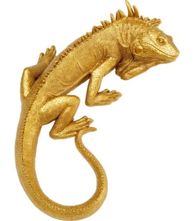 Gold polyresin iguana sculptural wall décor with textured scale detail